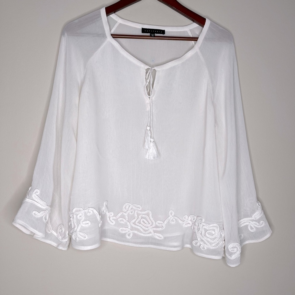 SANCTUARY Sheer Soutache Trim Blouse, XS runs lg, p to p 20”